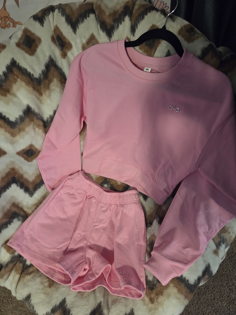 ALO Yoga Light Pink Cropped Sweatshirt and Shorts Lounge Set